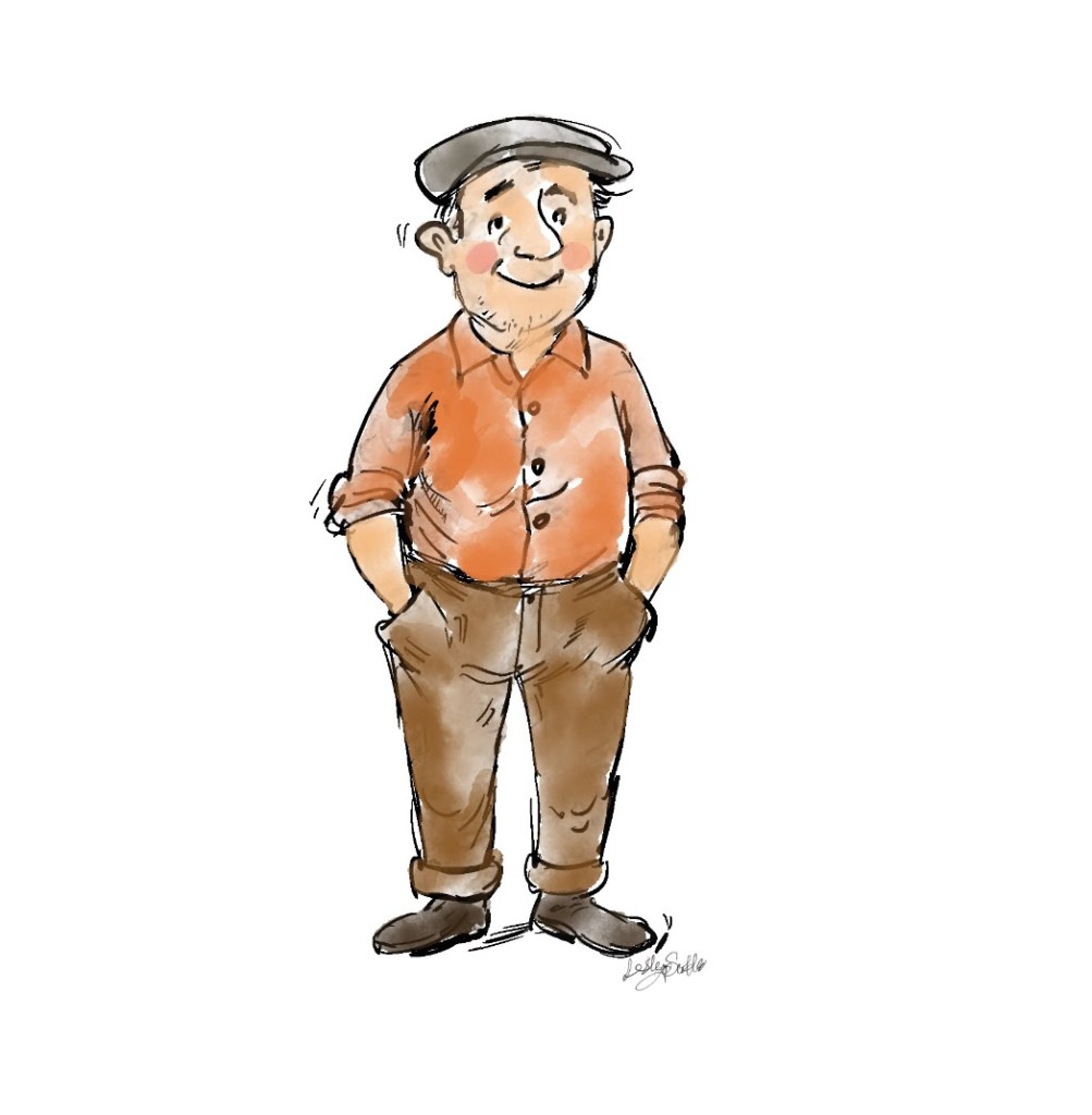 The image shows a cartoon by Lesley Scoble sketched in Digital ink & watercolour. The drawing is of an ‘ordinary man’ wearing a cloth cap, a shirt with sleeves rolled up, and he stands with his hands in his pockets.