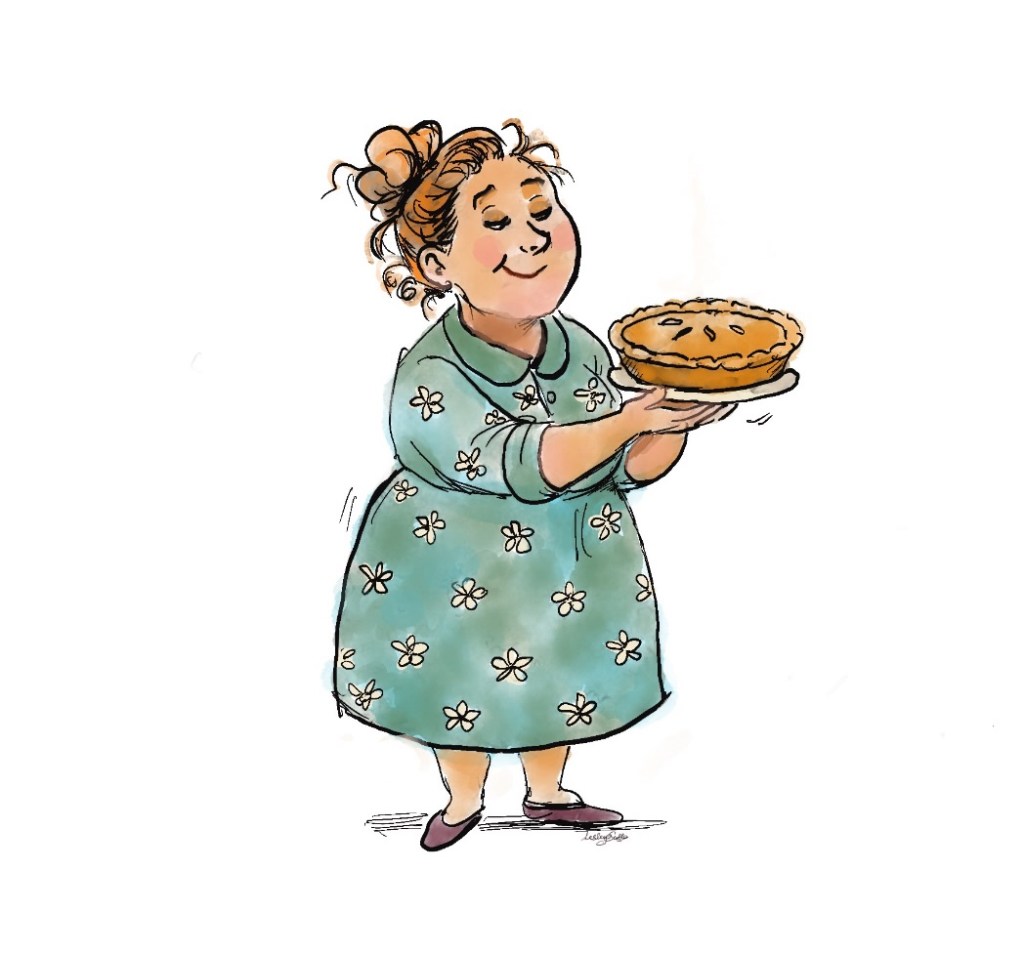 The image shows a cartoon by Lesley Scoble sketched in Digital ink & watercolour. The fun drawing is of an ‘ordinary woman’ holding a homemade pie and looking pleased with herself. She wears a dress with daisy motifs.