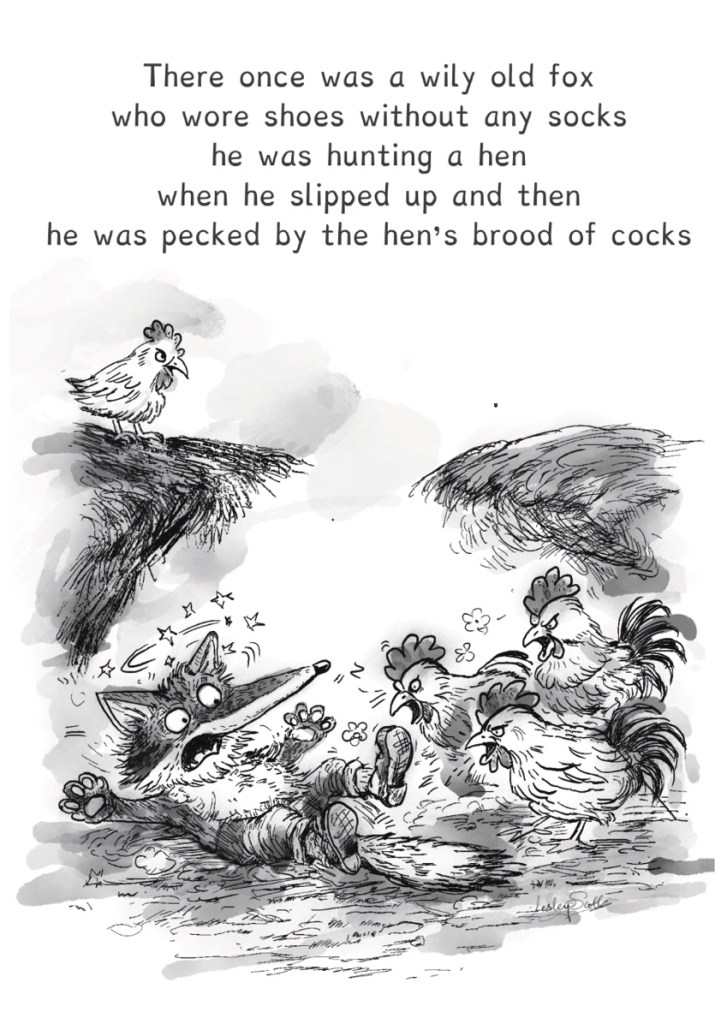 A humorous ink sketch shows a cartoon fox at the mercy of furious cocks. It illustrates the following limerick:

There once was a wily old fox
who wore shoes without any socks
he was hunting a hen
when he slipped up and then
he was pecked by the hen’s brood of cocks
