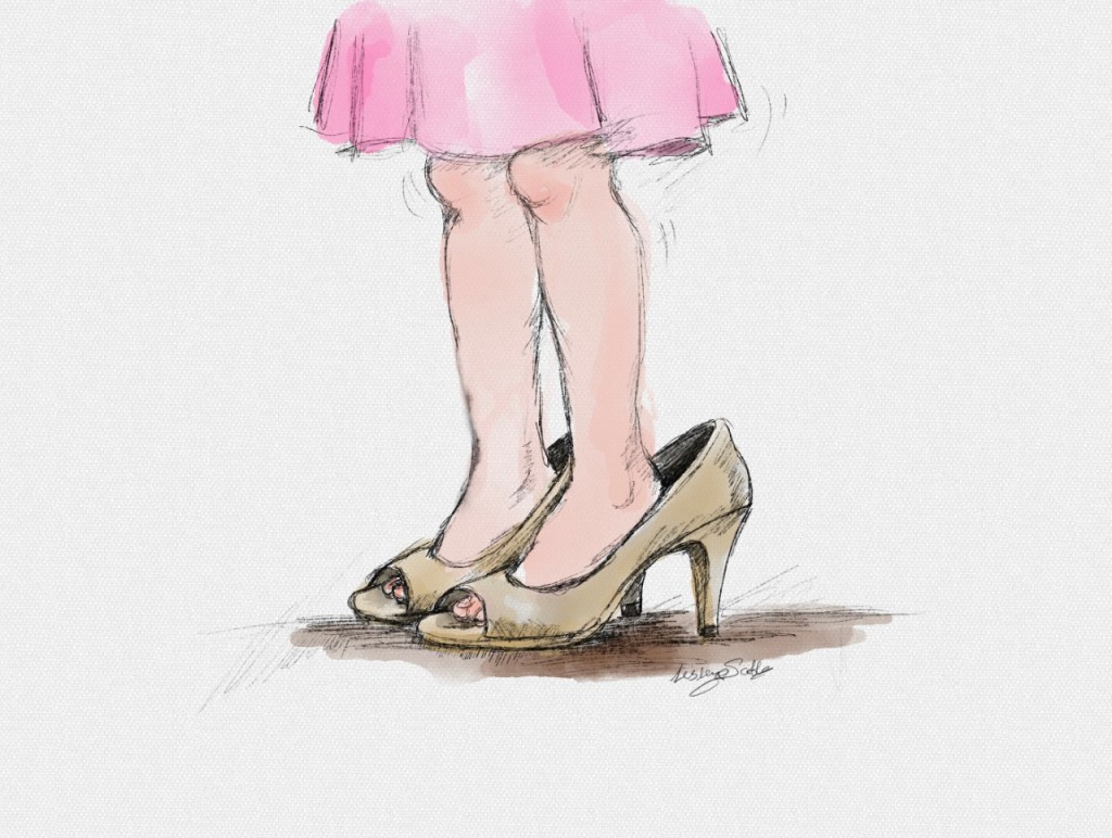 A soft pencil and watercolour sketch of a young girl’s legs and small feet standing in a pair of grown‑up high‑heeled shoes that are too big for her.