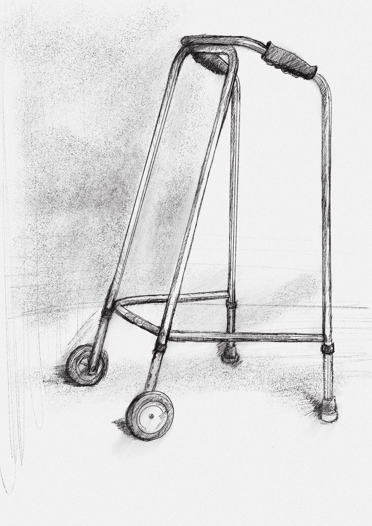 Pencil drawing by Lesley Scoble of a walking frame.