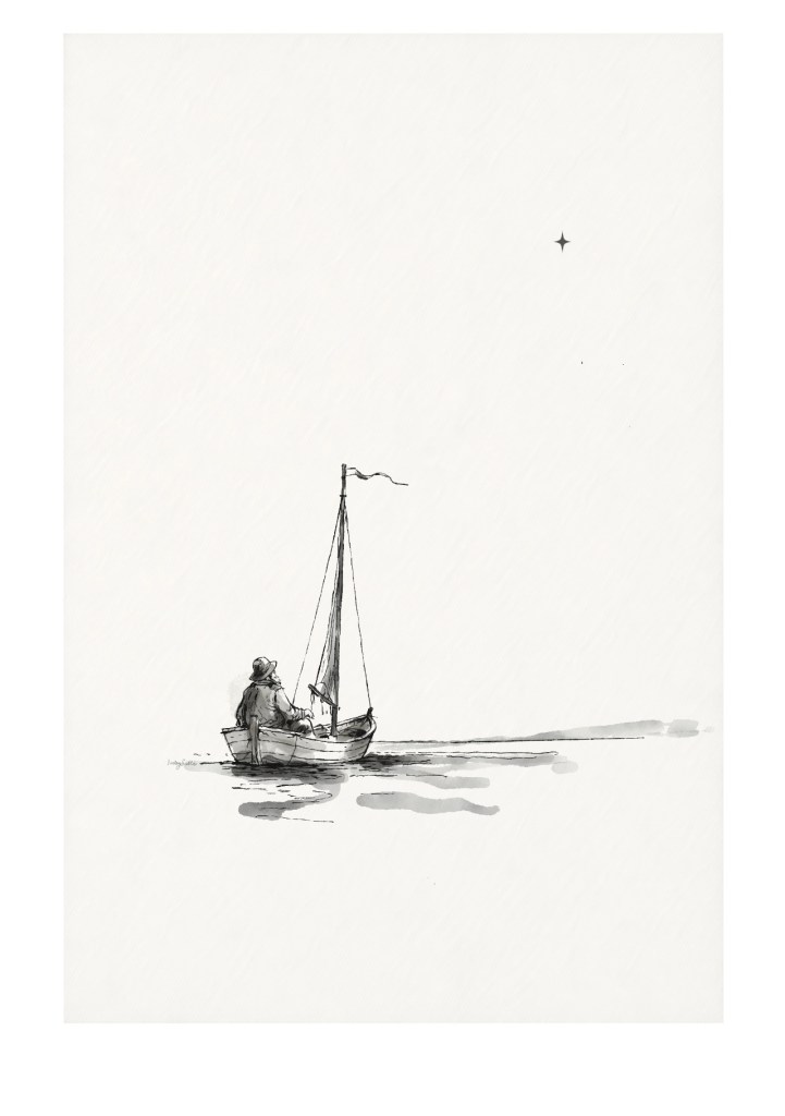Ink and wash illustration of a lone figure seated in a small sailboat on calm water beneath a single star, with a vast expanse of empty sky above.