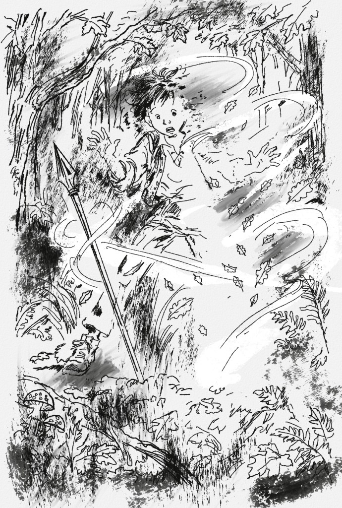 Pen-and-ink woodland illustration showing a young figure startled by a whirlwind of autumn leaves and an unseen force. Sweeping lines trace the force's path through trees and undergrowth, while a staff or spear stands beside the figure amid ferns, mushrooms and fallen leaves.