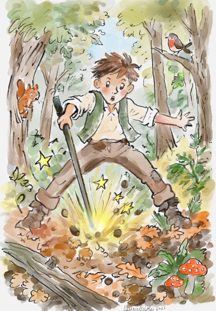 Watercolour illustration of a boy in the woods startled by the effects of an unknown force erupting from the forest floor. A squirrel and robin observe from nearby trees.