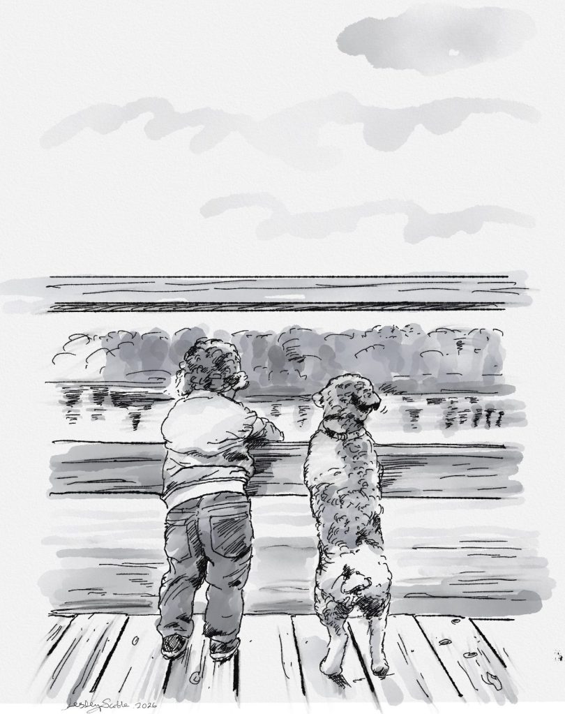 Ink-and-wash illustration of a small child and a dog standing side by side on a riverside jetty, looking across the water.